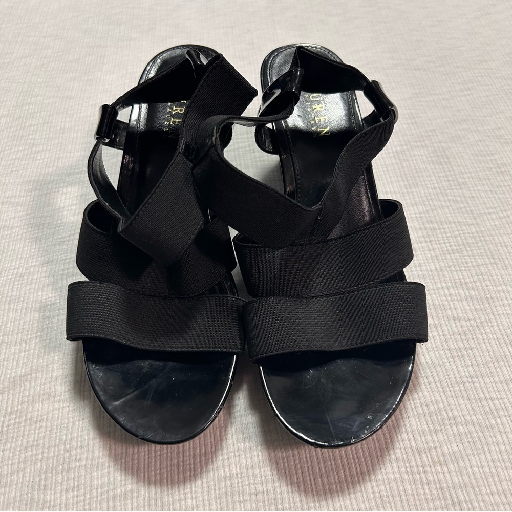 Ralph Lauren Heels Wedges Size 7.5 B‎ Strappy Black 3”